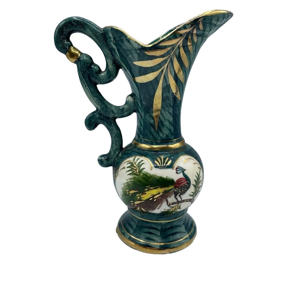 Vintage Hand Painted Peacock Ornate Vase Decor Green Teal Gold Porcelain